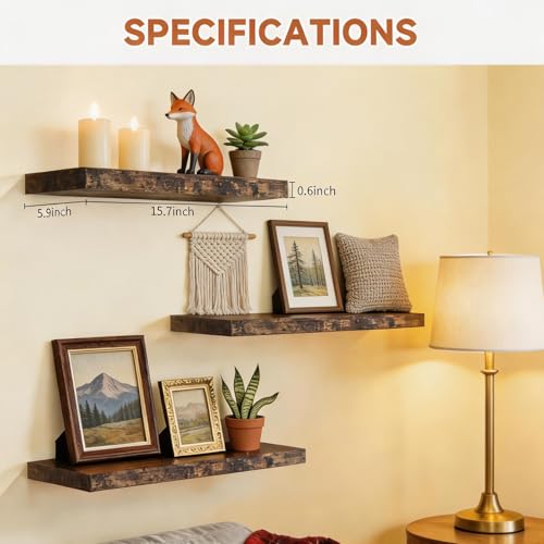 LifetimeWarranty Easy Install Floating Shelves,15.7 Inch Wall Mounted Wooden Floating Shelves, Small Wall Shelf for Storage&Home Decor, Living Room, Kitchen, Office, Corner Shelf for Bathroom,Set of 3 - color: Brown Floating