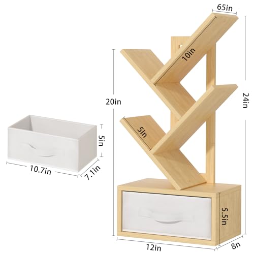 SHEEPAM Small Book Shelf with Drawer,4 Tier Black Tree Bookshelf,Wooden Desktop Bookcase,Modern Desk Display Storage Bookshelves,Floor Standing Organizer Bookcases for Living Room,Bedroom,Office - color: Natural, size: 4 Tier