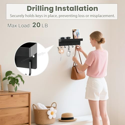 Magnetic Key Holder Wall Mount, Small Metal Key Rack with Tray, 9.6 Inch, 6 Hooks, 2 Installation Options, Black - color: Black