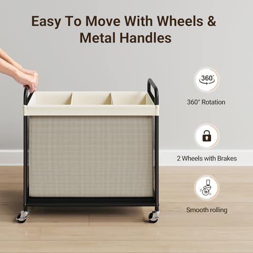 ELYKEN Laundry Hamper 3 Section, 120L Rolling Laundry Sorter with Removable Liner Bag, Laundry Basket with Wheels, Steel Frame with Metal Handle, Clothes Hamper Cart for Laundry Room & Bedroom - color: Beige, size: 3-Section