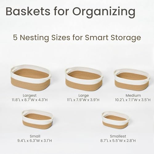 Storage Basket Set – 5-Piece Baskets for Organizing Home, Shelves, Nursery, Bathroom, Dog Toys, Small to Large Decorative Baskets – White and Khaki - color: White and Khaki, size: Pack of 5