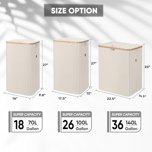 BALEINE Laundry Hamper with Lid, Tall Laundry Baskets with Bamboo Pull Handles, Large Laundry Bin with Internal Support (18 Gal/70L, Beige) - color: Beige, size: 70 liters