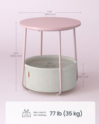 SONGMICS HOME Small Side Table, Round End Table, 2 Tier Nightstand with Basket, U Shaped Steel Legs, Easy Assembly, for Living Room, Bedroom, Pink and White - color: Pink + White, size: 1 pack