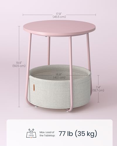 SONGMICS HOME Small Side Table, Round End Table, 2 Tier Nightstand with Basket, U Shaped Steel Legs, Easy Assembly, for Living Room, Bedroom, Pink and White - color: Pink + White, size: 1 pack