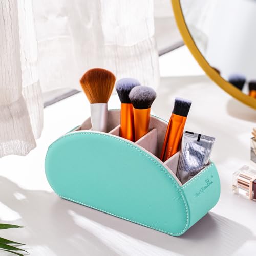 BONNY DODO Remote Control Holders Organizer Box with 5 Compartment PU Leather Multi-functional Office Desk Storage Caddy Store Tv Remote for Media Player,Brush,Pencil,Glassees&Office Supplies (Cyan) - color: Cyan, size: S