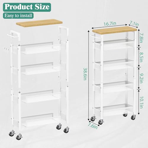 Giwil Slim Storage Cart 5 Tier Narrow Kitchen Rolling Cart on Wheels for Small Space, Metal Utility Cart Narrow Bathroom Storage Cabinet Mobile Shelf Unit Organizer with Wood Top and Handle, White - color: White, size: 5 Tier (W-7.1IN)