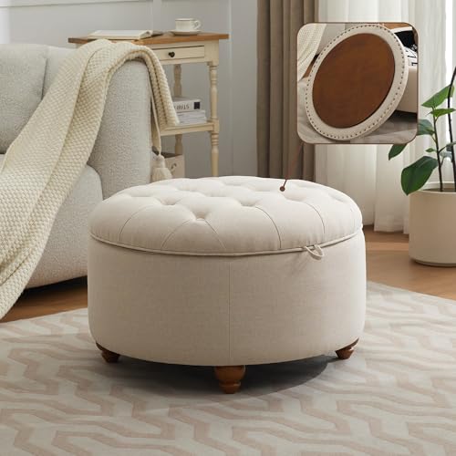 WUTUTUEE 30Inch Round Storage Ottoman with Tray, Modern Tufted Fabric Circle Coffee Table with Storage, Upholstered Ottoman with Removable Top for Living Room, Bedroom, Khaki - color: Khaki, size: 30 Inch