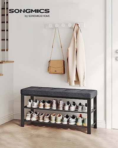 SONGMICS Shoe Bench, Storage Bench, Entryway Bench with Cushion, Shoe Shelf with Seat, Space-Saving, Modern Style, for Living Room, Bedroom, Hallway, Dark Gray and Ink Black ULBS579B33 - color: Dark Gray + Ink Black, size: 39.4"W