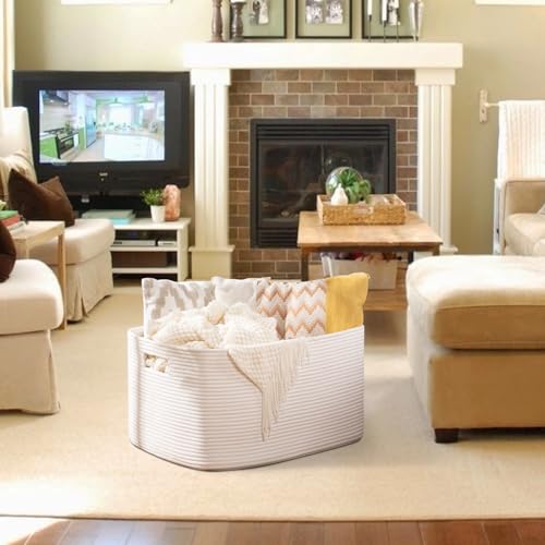 OIAHOMY XXLarge Rectangle Blanket Basket-96L, Cotton Woven Basket for Storage, Dirty Clothes Basket for Living Room, Nursery, Bedroom, Toy Organizing with Handle, 24" x 16" x 15", White - color: White, size: 24”x16”x15”