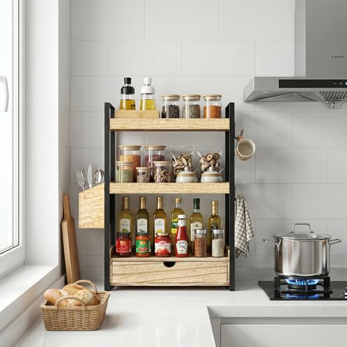 3-Tier Bathroom Counter Organizer with Drawer Basket and Hooks, Wood Bathroom Organizers and Storage for Countertop, Farmhouse Brown Countertop Organizer, Counter Shelf for Vanity, Kitchen,Office - color: Dark Brown