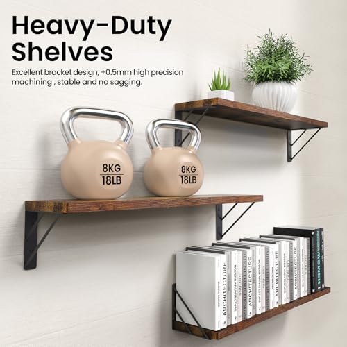 BAYKA 23-in Floating Wall Shelves, Rustic Wood Wall Shelves for Bedroom, Bathroom, Kitchen & Living Room, Display Shelf for Books, Plants & Decor (Rustic Brown) - color: C. Rustic Brown Board & Black Brackets, size: 23-inch Standard