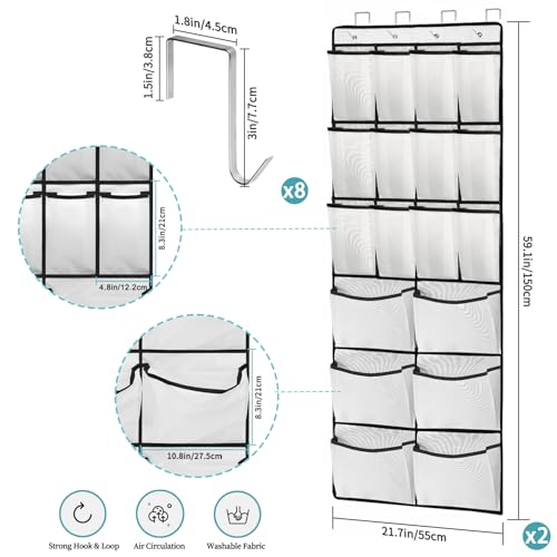 2 Packs Over the Door Shoe Organizer, 24 Extra Large Mesh Pockets Hanging Shoe Boots Rack Holder, Closet Hanging Organizers for Storage Sneakers High Heeled Shoes Slippers (White) - size: 24 Pockets