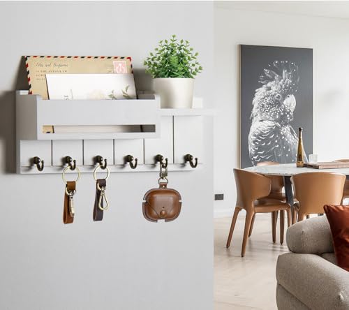 RelaxScene Key Holder Wall Mount - Key Hooks for Wall Decor Living Room - Wooden Key Hanger Rack and Mail Organizer with Shelf for Home Essentials - Modern Entryway House Decor Aesthetic - color: White, size: M(12''x4.8'')