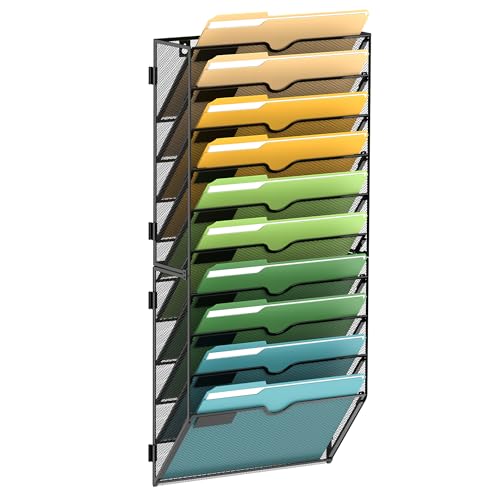 SUPEASY 10 Tier Wall File Organizer, Hanging Wall Mounted Mail Organizer with Label Slots, Metal Mesh File Holder Magazine Rack for Office, Home, School or Classroom, Black - color: Black, size: 10-Tier