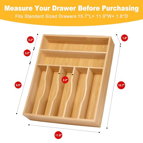Kitchen Bamboo Silverware Organizer, Kitchen Drawer Organizer - Utensil Holder and Cutlery Tray with Grooved Drawer Dividers for Flatware 7 Slot, Natural - color: Natural, size: 7 Slots