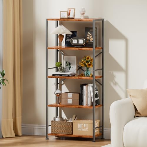 Furologee 5 Tier Book Shelf Set of 2, Tall Wide Bookshelf, Industrial Open Bookcase, Display Shelves Storage Organizer, Shelving Unit for Living Room, Home Office, Bedroom, Rustic Brown - color: Rustic Brown, size: 5 Tier - 20"W-2 PCS