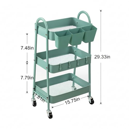 danpinera 3-Tier Rolling Cart, Utility Cart Mobile Metal Rolling Storage Cart with Lockable Wheels & Hanging Cups & Hooks for Kitchen, Bathroom, Office, Workshop, Green - color: Green, size: Normal (3 tier)