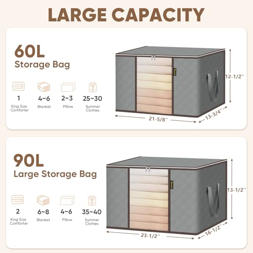 BALEINE 6 Pack Clothes Storage Bags, 24 Gallon Storage Containers with Reinforced Handle, Sturdy Zipper, Closet Organizer for Blanket, Comforter, Pillow, Bedding (Grey, 6 Pack) - color: Grey, size: 6 Pack-24 Gallon