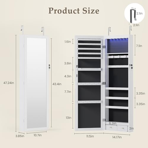 DUMOS 6 LEDs Mirror Jewelry Cabinet, Wall or Door Mounted Jewelry Organizer, 47.2-Inch Tall Lockable Large Capacity Cosmetic Storage, Gift Idea - color: White, size: Wall or Door Mounted -47.24 Inchs