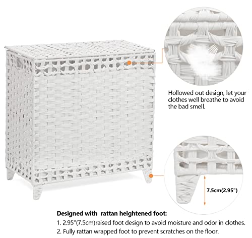 Laundry Hamper with 3 Removable Liner Bags; 132L Handwoven Rattan Laundry Basket with Lid & Heightened Feet; Clothes Hamper with Side Handles; Laundry Sorter with 3 Separate Sections - color: White, size: 132L-3 Section