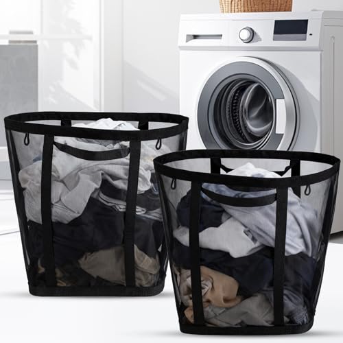 2 Pcs Mesh Bags with Handles, Collapsible Laundry Basket, Foldable Laundry Bag, Breathable Folding Beach Bag,Space-saving Travel Tote Bags (2, Black)