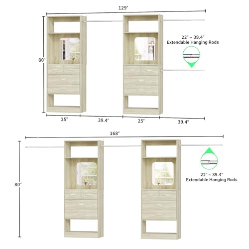 Unikito Closet System, 6-14FT Walk in Closet Organizer with 8 Drawers and Mirror, 168" Wood Closets Insert with Tower, Sturdy Wardrobe Closets Garment Rack with Extendable Hanging Rods, White Oak
