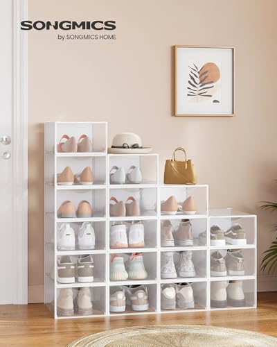 SONGMICS Shoe Boxes, Shoe Storage Organizers Rack for Closet, Plastic Stackable Sneaker Containers Case, 18 Pack, Transparent and Cloud White ULSP318W01 - color: Transparent + Cloud White, size: 18 Count Fit Size 11