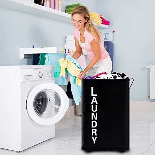 92L Extra Large Rolling Laundry Basket with Leather Handle,Tall Laundry Hamper on Wheels,Laundry Bin,Rolling Laundry Cart Black - color: Black/XXL, size: Super Large 27.5"