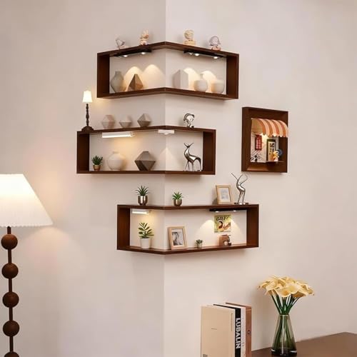 Smart Corner Shelves that Light up Your Space, Set of 3 Corner Floating Storage Shelves,Wooden Wall-Mounted Corner Shelf Display Rack, Space-Saving (Set of 3(LED Light not Included)) - size: Set of 3(LED light not included)