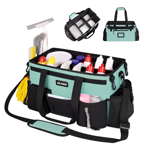 JKAOO Large Wearable Cleaning Caddy Bags, Cleaning Supplies Storage Bag with Handles and Adjustable Shoulder Strap and Removable Waist Straps,Waterproof Cleaning Tote for Home,Car,Office - color: Blue-Green