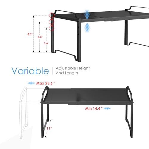 2 Pack 11” Width Expandable Kitchen Cabinet Organizer Shelves, Metal Kitchen Countertop Organizers and Storage Shelving, Heavy Duty Stackable Storage Rack Shelf For Pantry Cupboard Counter Tabletop - color: Black