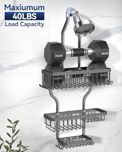 YASONIC Shower Caddy Hanging - Never Rust Organizer - Aluminum over The head caddy with 10 Hooks for Razor/Sponge - Shower Rack with Soap Basket - Grey - color: Grey