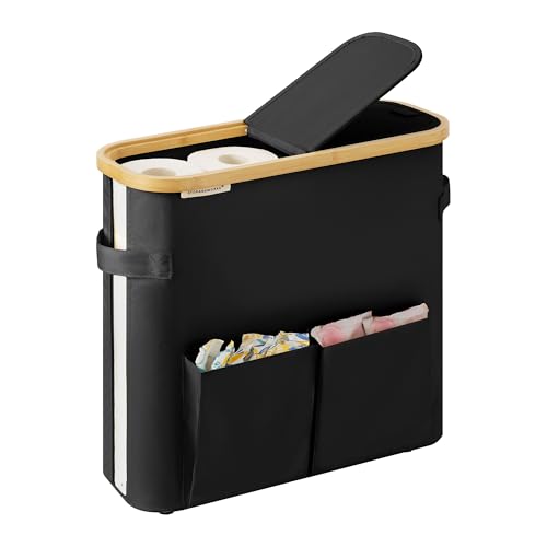 StorageWorks Toilet Paper Storage Baskets with Dual Flip Lids, Toilet Paper Organizer for Bathroom, Toilet Paper Container with Side Pocket, Holds 9 Mega or 12 Regular Rolls, Medium, Black - color: Black, size: Medium