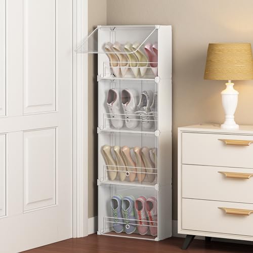MAGINELS 4-Tier Slim Shoe Rack Organizer and Tall Storage for Closet,Hidden Thin Shoes Cabinet for Small Spaces,Narrow Shelves for Wall Behind Door,Entryway,White - color: White, size: 8 pair