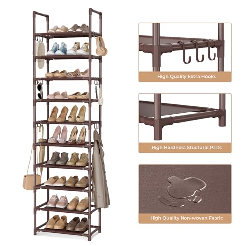 VTRIN 10 Tiers Tall Shoe Rack Holds 20-25 Pairs of Shoes Sturdy Vertical Shoe Organizer with 18pcs Hooks Stackable Narrow Shoe Rack for Closet, Entryway Brown - color: Brown, size: 17" Wide - 10 Tier