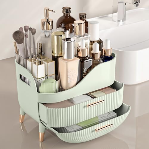 Pajiriona Makeup Organizer with Drawers, Green Skincare Organizer for Vanity, Storage Box with Handle, Large Cosmetic Display Case for Dresser, Bathroom Countertop - color: Sage Green