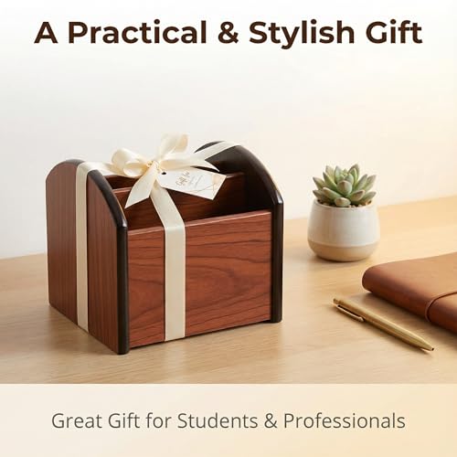 Wooden Desk Organizer with 4 Compartments, Remote Control Holder, Office Storage Caddy, 360-degree rotation Black and Brown Desk Organizer for Office Supplies