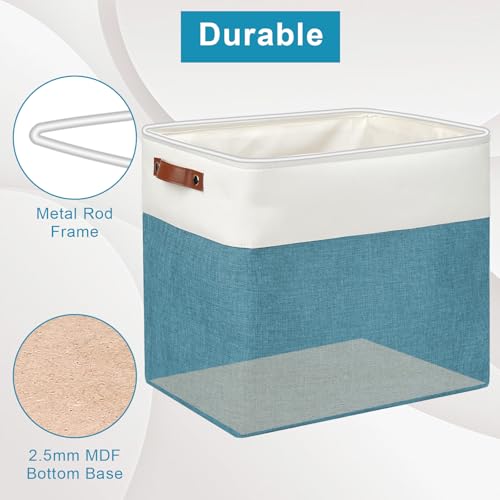 Bagnizer Large Fabric Storage Baskets | 50L Storage Bins, Decorative Linen Closet Baskets with Handles for Organizing, Shelf, Toys, Clothes, Home, Office, Nursery, 17x12x15Inches (Teal&White) - color: Teal / Off-White, size: Extra Large -17"x12"x15"