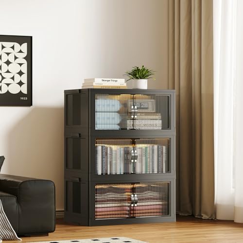 SAILUN 87Gal/348Qt Stackable Storage Bins Folding Collapsible Storage Bins with Lid, Closet Organizers and Storage, Black 26" W x 17" D x 43.7" H - color: Black, size: 1 Lid 3 Pack-26" W x 17" D x 43.7" H