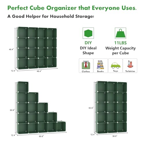 C&AHOME Cube Storage Organizer, 16-Cube Shelves Units, Plastic Storage Cubes, DIY Closet Organizer, Modular Closet Storage Shelves Ideal for Home, Bedroom, 48.4" L × 12.4" W × 48.4" H Green UPCS16GN - color: Green
