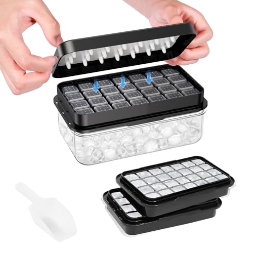 Ice Cube Tray with Lid and Bin, PHINOX 56 pcs Ice Trays for Freezer, Ice Cube Trays for Freezer with 2 trays, Container, Lid & Ice Scoop, BPA Free, Black - color: Black, size: 0.8"-2tier