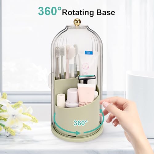QIYVLOS Toothbrush Holders with Sliding Lid, Rotating 3 Slots Bathroom Organizer Countertop, Tooth Brush Toothpaste Holder Bathroom Counter Stand Sink Organizer Caddy for Makeup Brushes Holder (Green) - color: Green+transparent