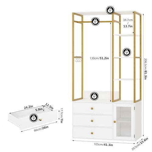 BOTLOG 2pcs Closet Organizer System, Wardrobe Closet with 3 Wooden Drawers, Clothes Rack with Hanging Rods and 4 Tiers Shelves, Garment Rack with Metal Frame, White and Gold