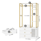 BOTLOG 2pcs Closet Organizer System, Wardrobe Closet with 3 Wooden Drawers, Clothes Rack with Hanging Rods and 4 Tiers Shelves, Garment Rack with Metal Frame, White and Gold