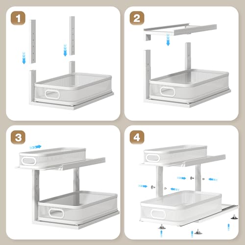 2 Pack 18.5IN-Depth Under Sink Organizer With Next-Gen Ball-Bearing Slides,2-Tier Precision Mesh Pull Out Cabinet Storage for Bathroom&Kitchen,Height Adjustable Drawers Shelf,Anti-rust-White - color: White, size: 2 Pack-18.5"Dx12.4"-16.5"H