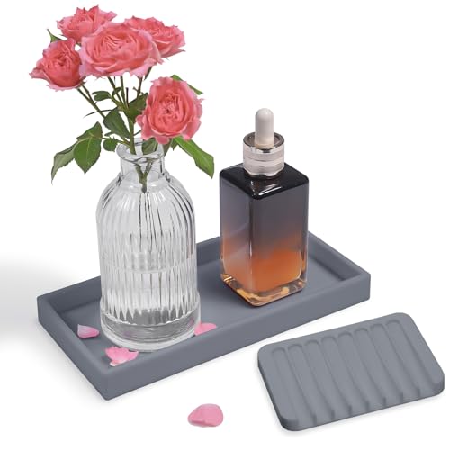Bloss Silicone Counter Tray Set for Bathroom/Kitchen - 8 x 4 inch Bathroom Soap Dispenser Tray and Soap Holder, Silicone Vanity Trays Countertop Organizer for Scrubber, Perfume, Jewelry, Candle - color: Gray, size: 7.9" x 3.9" x 0.9"