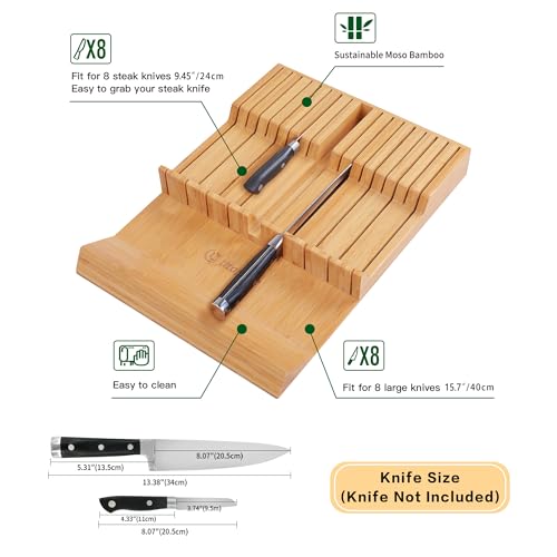 Utoplike In-drawer Knife Block Bamboo Kitchen Knife Drawer Organizer Large, handle Steak knife Holder without Knives, Fit for 16 Knife and 1 Sharpening Steel (Knives & Sharpening Not Included) - size: 16 Holder