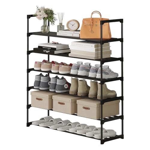 Calmootey 6-Tier Shoe Rack, Tall Large Capacity 30 Pairs Shoes Storage Organizer, Stackable Wide Shoe Shelf for Entryway, Hallway, Black - size: 6-Tier