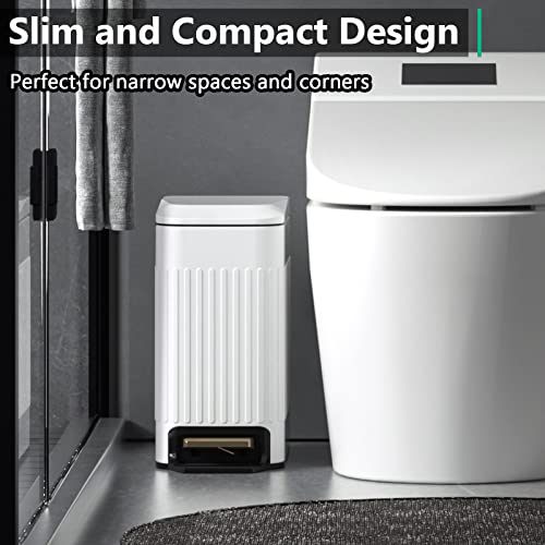 Small Bathroom Trash Can with Lid Soft Close-6L/1.6 Gal Slim Step Garbage Can-Metal Pedal Wastebasket-Narrow Rectangle Garbage Container Bin for Corner Office, Bedroom, Toilet, Live Room-White - color: Embossed-White