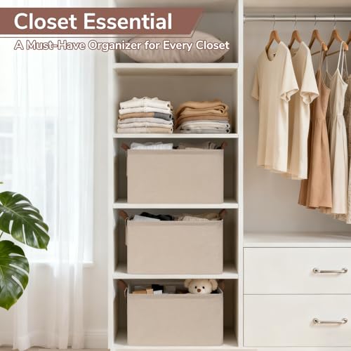 CHICVITA 4 Pack Large Storage Baskets for Shelves, Collapsible Towels Organizer Bins with Metal Frame, Closet Organizers and Storage Basket for Toys, Blankets, 16.8" x 11" x 9.8", Brown - color: Brown, size: 30L (16.8"L x 11"W x 9.8"H)